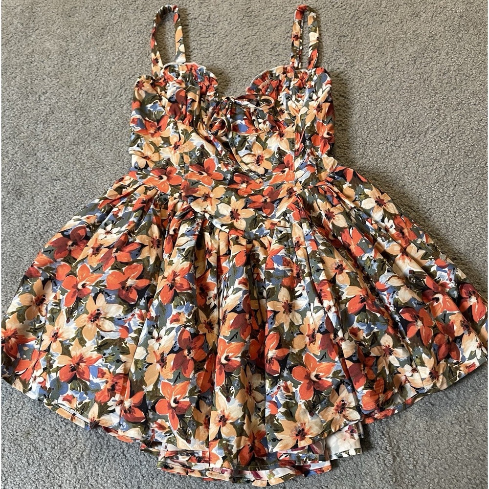 Babydoll Floral Mini Sundress Sz L Sweetheart Neck Smocked From Tie Orange City - Picture 5 of 15